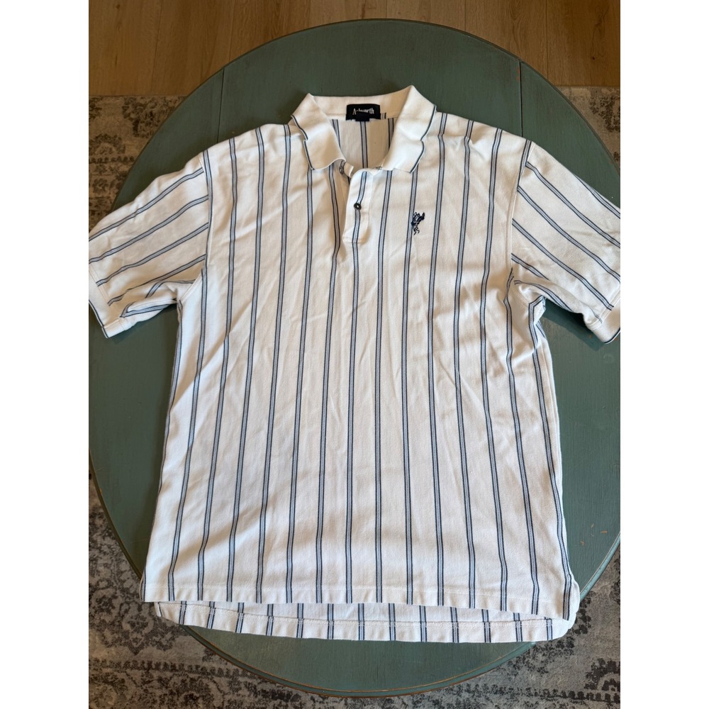 Ashworth Men Large White Navy Striped Cotton Golf Polo Shirt AM3410 Short Sleeve